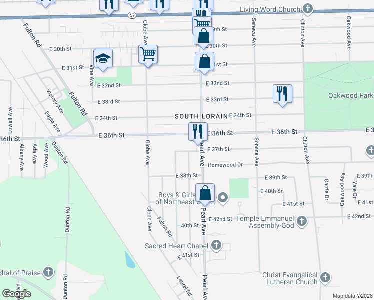 map of restaurants, bars, coffee shops, grocery stores, and more near 3731 Lorain Avenue in Lorain