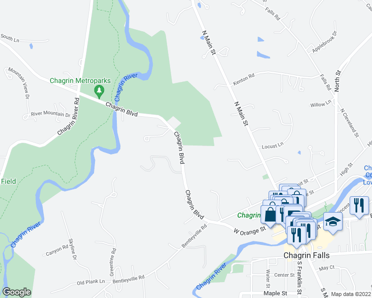 map of restaurants, bars, coffee shops, grocery stores, and more near 331 Chagrin Boulevard in Chagrin Falls