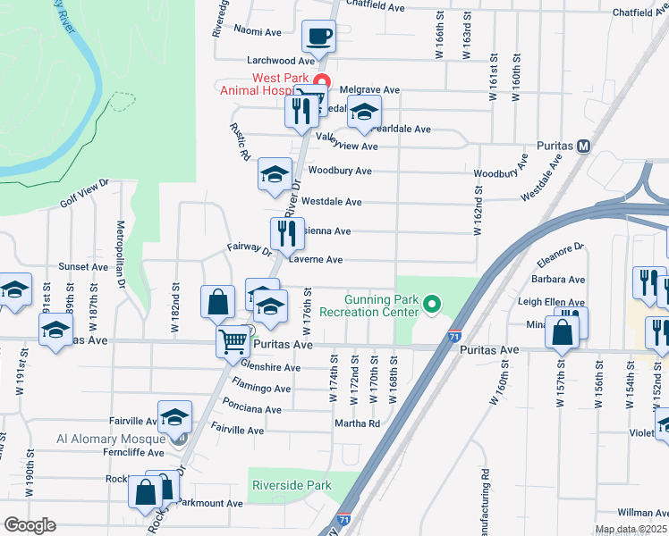 map of restaurants, bars, coffee shops, grocery stores, and more near 17202 Laverne Avenue in Cleveland