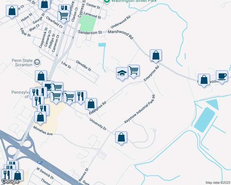 map of restaurants, bars, coffee shops, grocery stores, and more near in Dunmore