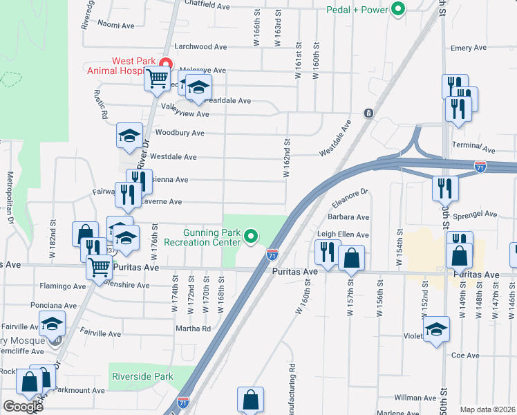 map of restaurants, bars, coffee shops, grocery stores, and more near 16409 Laverne Avenue in Cleveland