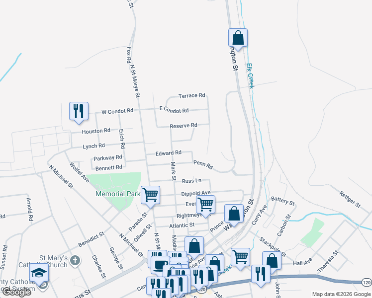 map of restaurants, bars, coffee shops, grocery stores, and more near 135 Dove Road in St. Marys