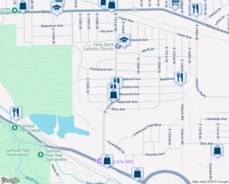 map of restaurants, bars, coffee shops, grocery stores, and more near 4479 East 131st Street in Garfield Heights