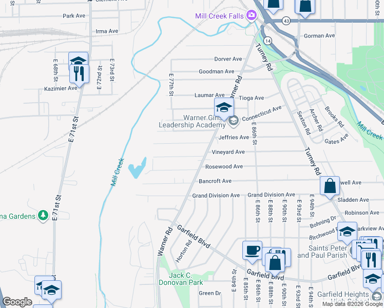 map of restaurants, bars, coffee shops, grocery stores, and more near 8101 Jeffries Avenue in Cleveland