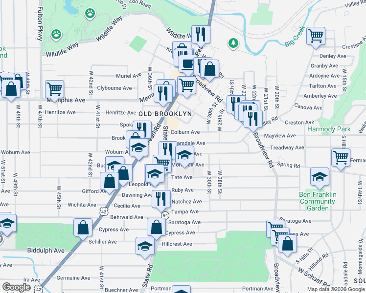 map of restaurants, bars, coffee shops, grocery stores, and more near 3207 Colburn Avenue in Cleveland