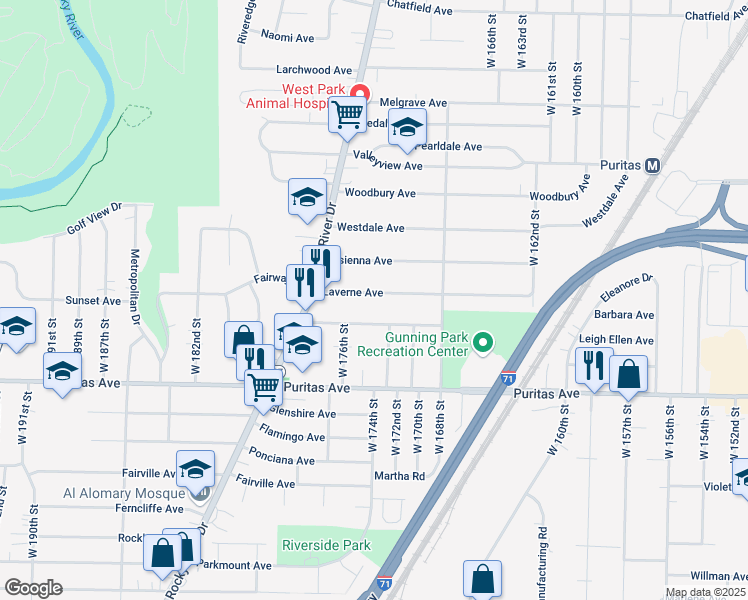 map of restaurants, bars, coffee shops, grocery stores, and more near 17202 Laverne Avenue in Cleveland