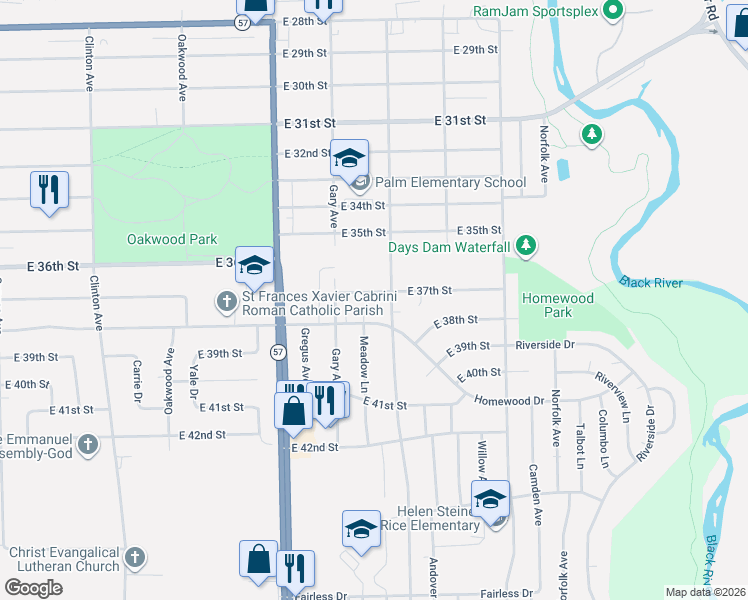 map of restaurants, bars, coffee shops, grocery stores, and more near 2355 East 37th Street in Lorain
