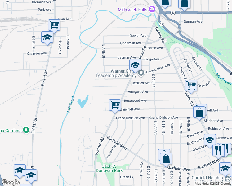 map of restaurants, bars, coffee shops, grocery stores, and more near 8101 Jeffries Avenue in Cleveland