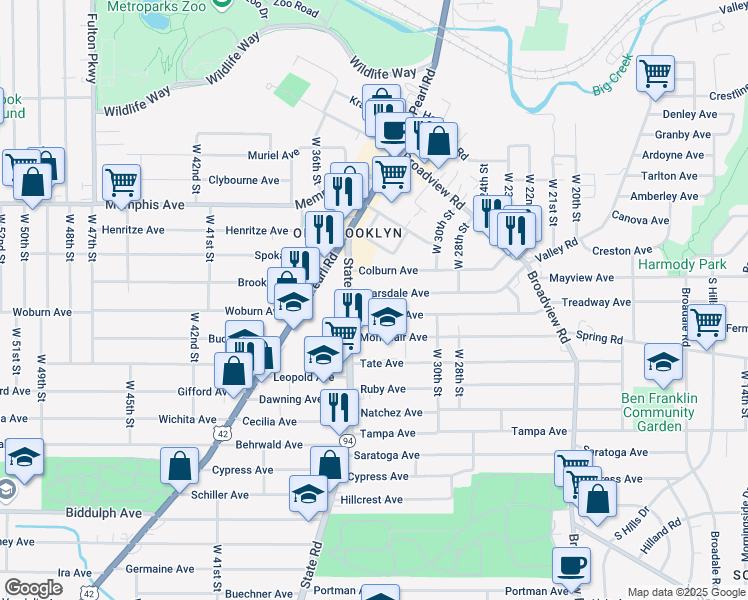 map of restaurants, bars, coffee shops, grocery stores, and more near 4299 State Road in Cleveland