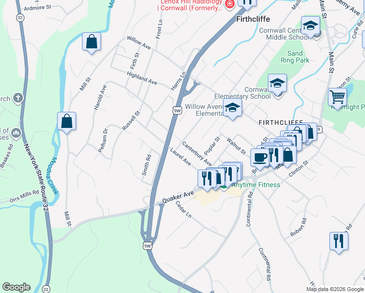 map of restaurants, bars, coffee shops, grocery stores, and more near 43 Maple Street in Cornwall