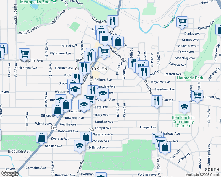 map of restaurants, bars, coffee shops, grocery stores, and more near 3009 Colburn Avenue in Cleveland