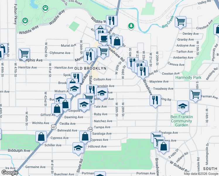 map of restaurants, bars, coffee shops, grocery stores, and more near 3009 Colburn Avenue in Cleveland