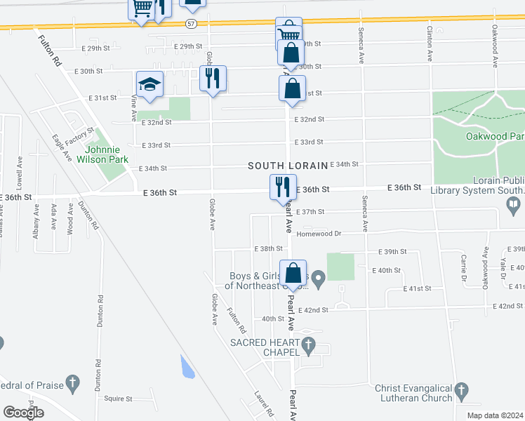 map of restaurants, bars, coffee shops, grocery stores, and more near 1771 East 37th Street in Lorain