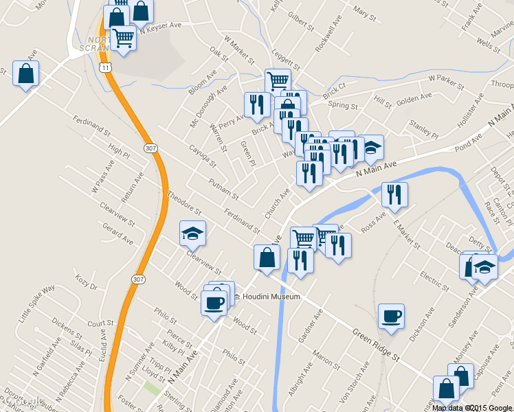 map of restaurants, bars, coffee shops, grocery stores, and more near 1704 North Sumner Avenue in Scranton