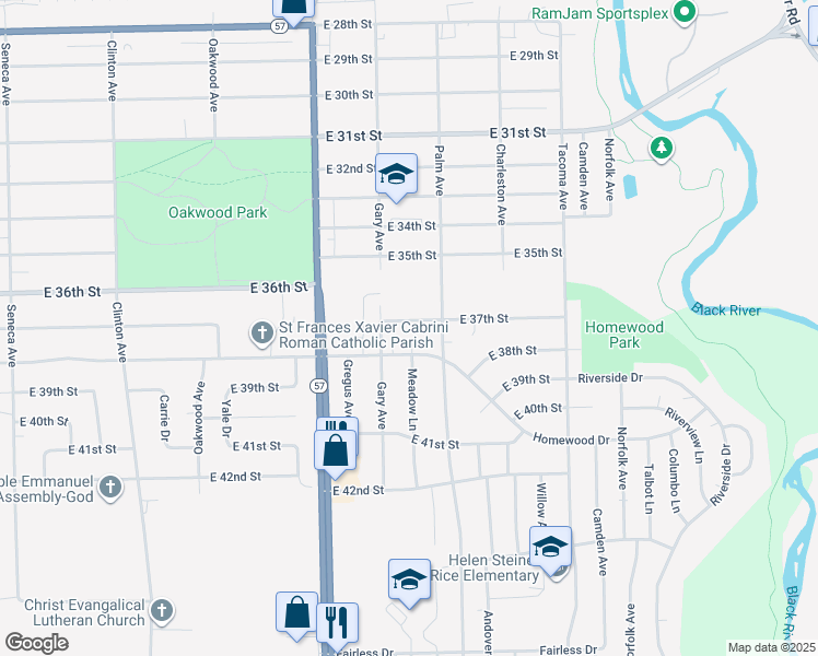 map of restaurants, bars, coffee shops, grocery stores, and more near 2355 East 37th Street in Lorain