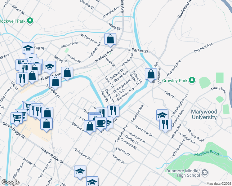 map of restaurants, bars, coffee shops, grocery stores, and more near 2219 Comegys Avenue in Scranton