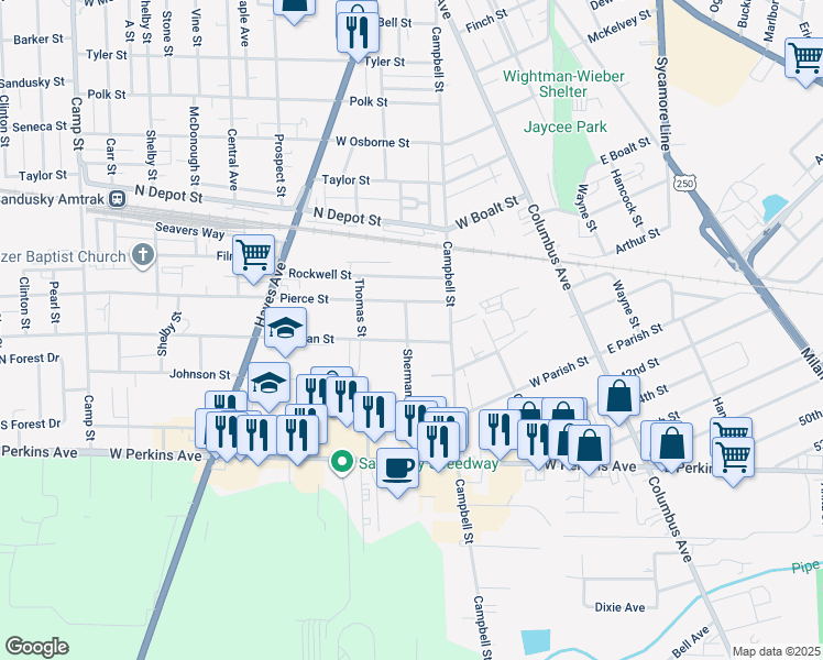 map of restaurants, bars, coffee shops, grocery stores, and more near 430 Pierce Street in Sandusky