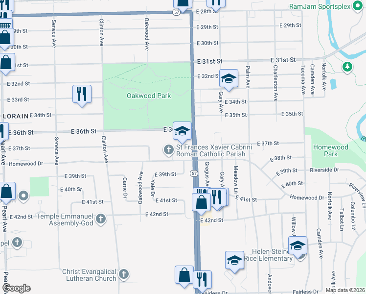 map of restaurants, bars, coffee shops, grocery stores, and more near 2140 East 36th Street in Lorain
