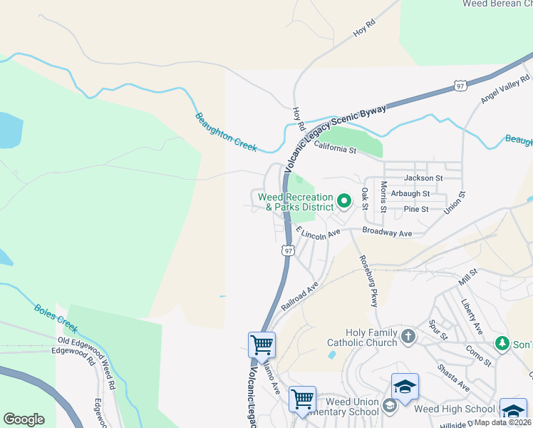 map of restaurants, bars, coffee shops, grocery stores, and more near 1433 Alameda Avenue in Weed