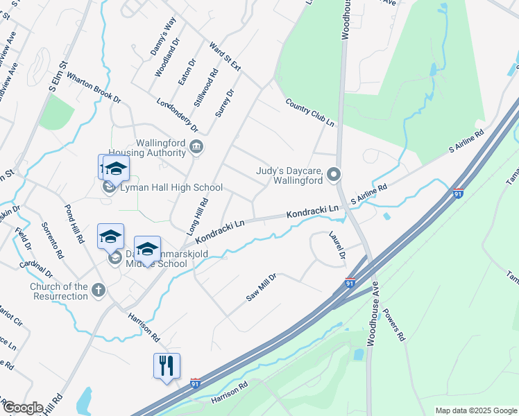 map of restaurants, bars, coffee shops, grocery stores, and more near 45 Shady Drive in Wallingford