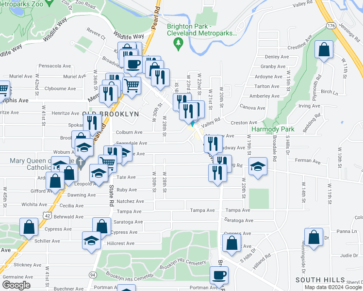 map of restaurants, bars, coffee shops, grocery stores, and more near 2401 Searsdale Avenue in Cleveland