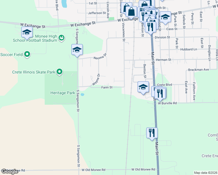 map of restaurants, bars, coffee shops, grocery stores, and more near 625 Farm Street in Crete
