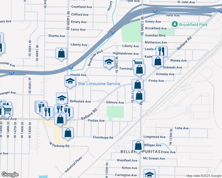 map of restaurants, bars, coffee shops, grocery stores, and more near 13420 Sherry Avenue in Cleveland