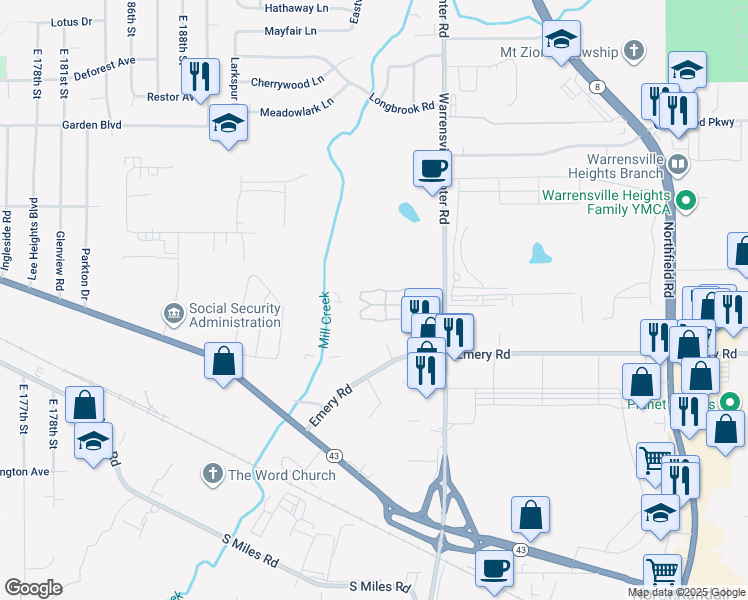 map of restaurants, bars, coffee shops, grocery stores, and more near 4530 Warrensville Center Road in Cleveland