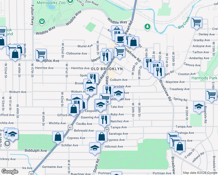 map of restaurants, bars, coffee shops, grocery stores, and more near 4313 State Road in Cleveland