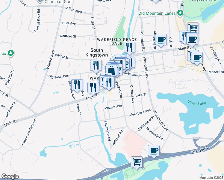 map of restaurants, bars, coffee shops, grocery stores, and more near 382 Main Street in South Kingstown