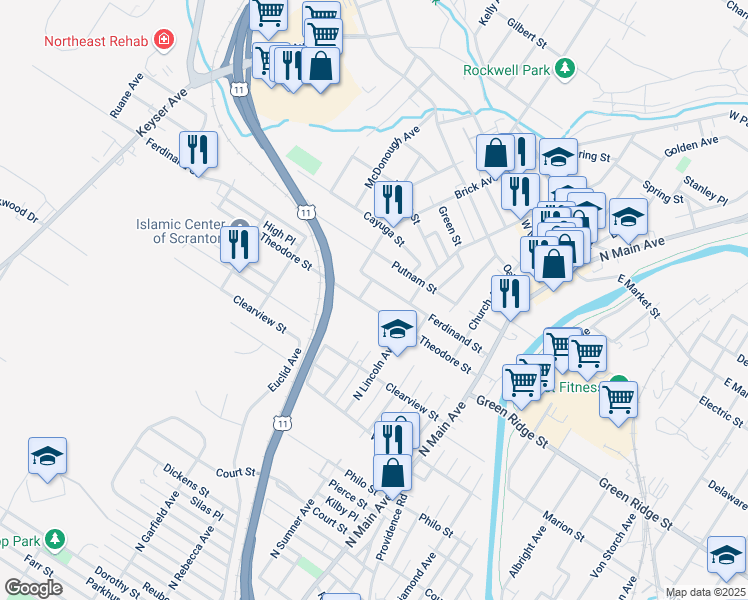 map of restaurants, bars, coffee shops, grocery stores, and more near 361 Ferdinand Street in Scranton