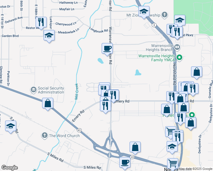 map of restaurants, bars, coffee shops, grocery stores, and more near 4500 Warrensville Center Road in Warrensville Heights