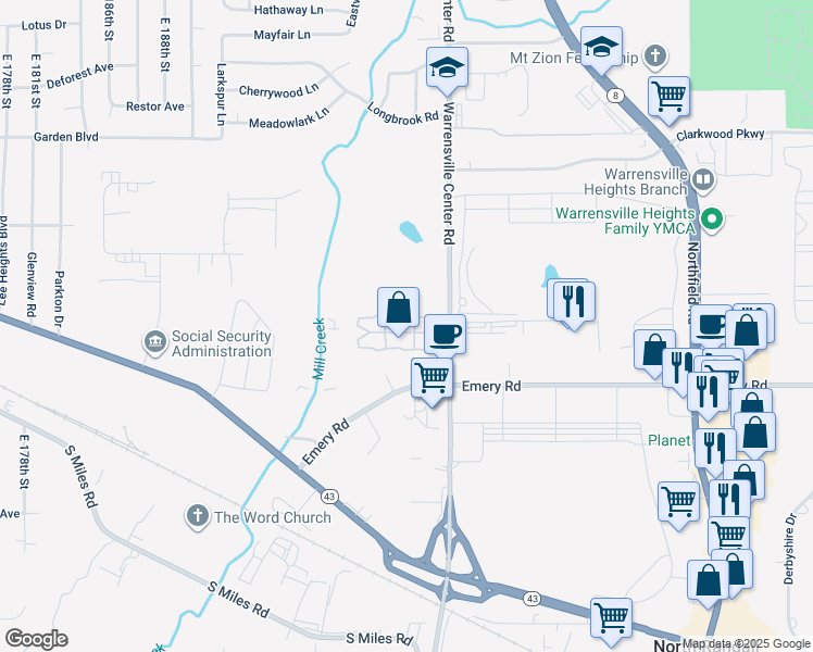 map of restaurants, bars, coffee shops, grocery stores, and more near 4530 Warrensville Center Road in Cleveland