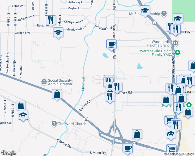 map of restaurants, bars, coffee shops, grocery stores, and more near 4530 Warrensville Center Road in Cleveland