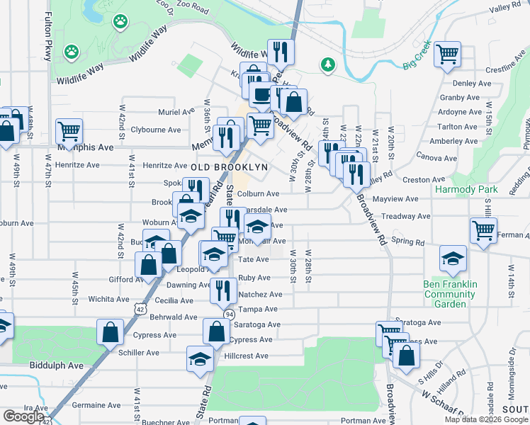 map of restaurants, bars, coffee shops, grocery stores, and more near 3207 Colburn Avenue in Cleveland