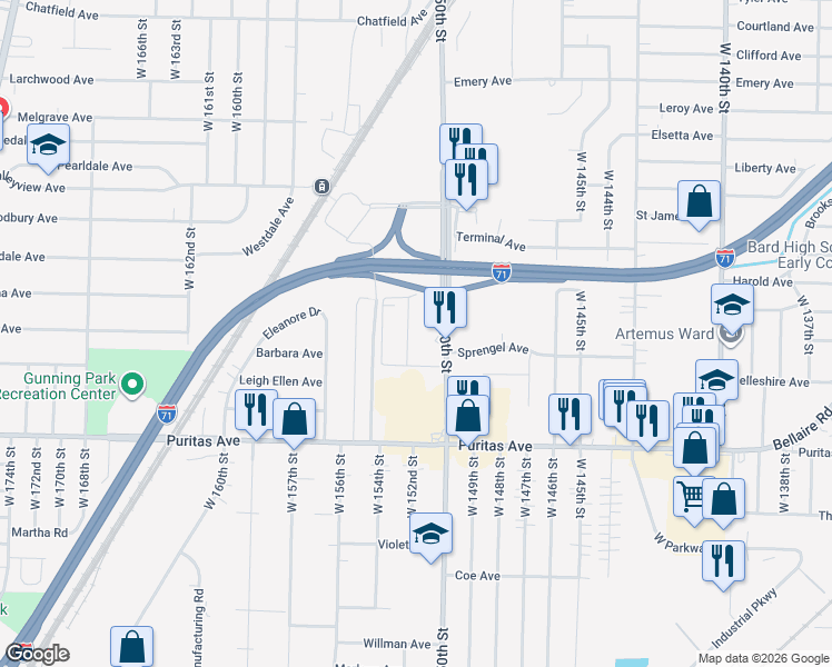 map of restaurants, bars, coffee shops, grocery stores, and more near 4297 West 152nd Street in Cleveland