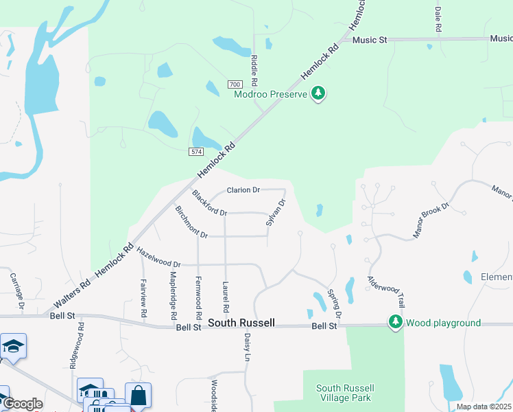 map of restaurants, bars, coffee shops, grocery stores, and more near 7745 Clarion Drive in Chagrin Falls