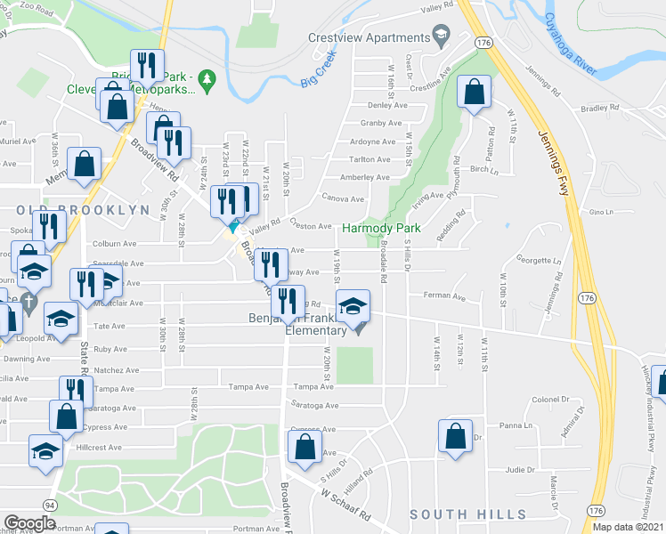 map of restaurants, bars, coffee shops, grocery stores, and more near 1902 Treadway Avenue in Cleveland