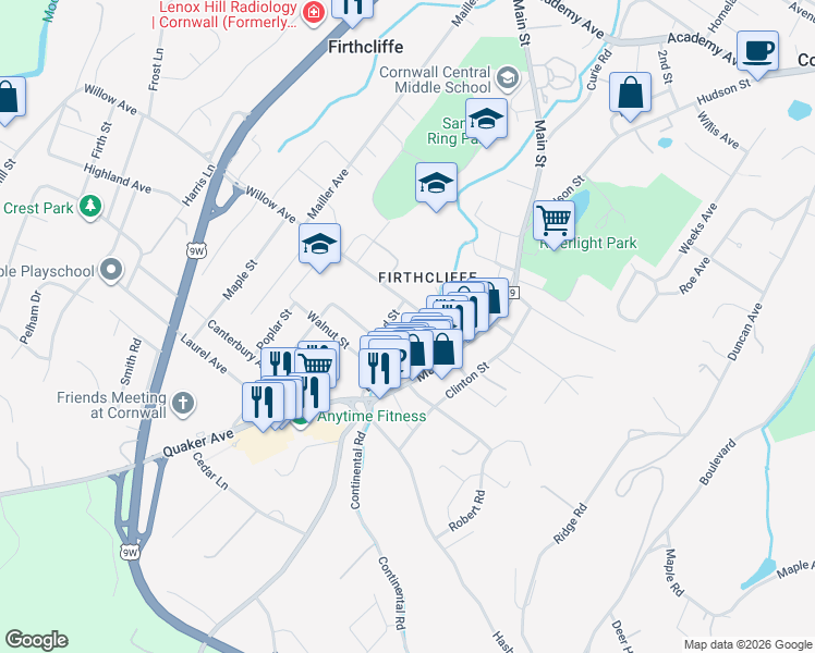 map of restaurants, bars, coffee shops, grocery stores, and more near 25 Willow Avenue in Cornwall