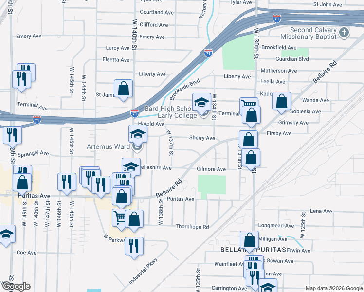 map of restaurants, bars, coffee shops, grocery stores, and more near 13601 Sherry Avenue in Cleveland