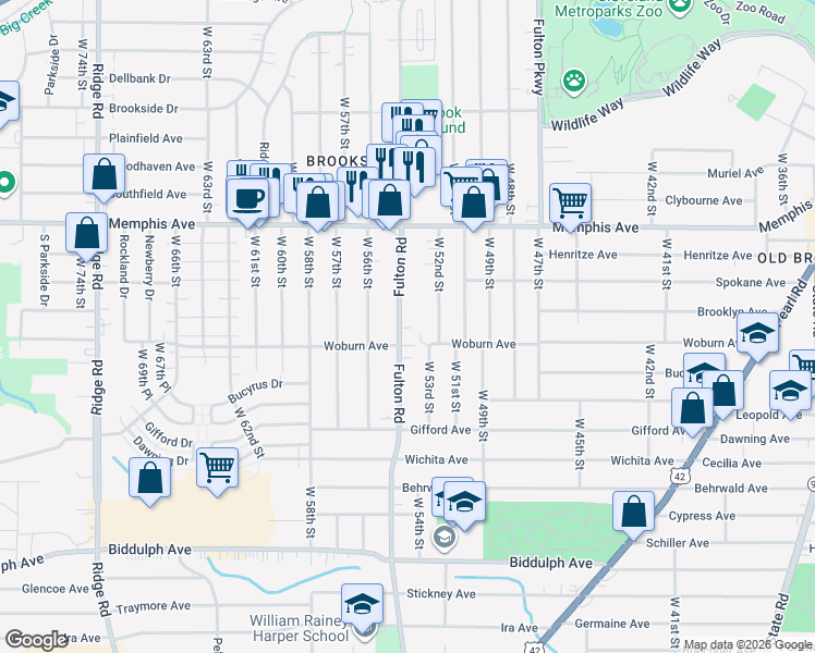 map of restaurants, bars, coffee shops, grocery stores, and more near 4371 Fulton Road in Cleveland