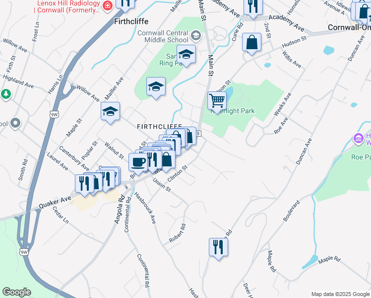 map of restaurants, bars, coffee shops, grocery stores, and more near 218 Main Street in Cornwall