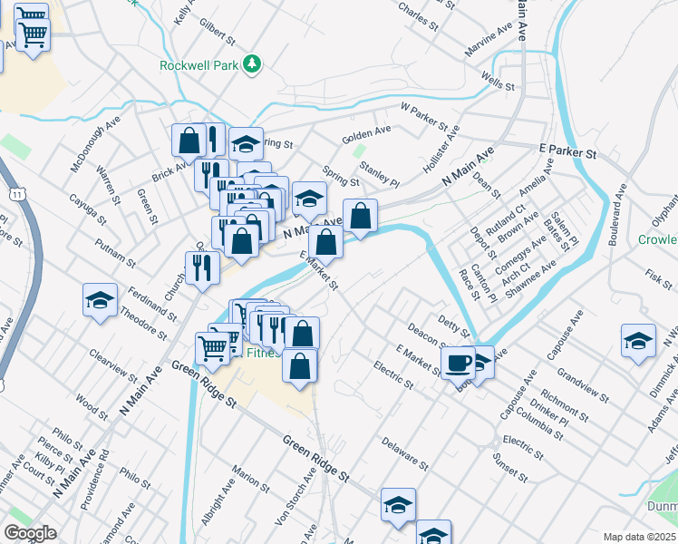map of restaurants, bars, coffee shops, grocery stores, and more near 109 East Market Street in Scranton