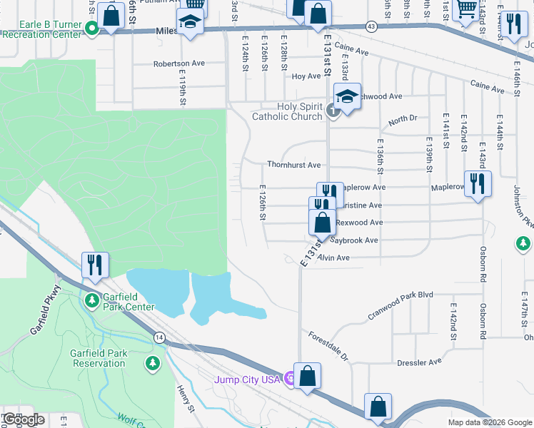 map of restaurants, bars, coffee shops, grocery stores, and more near 4482 East 126th Street in Garfield Heights