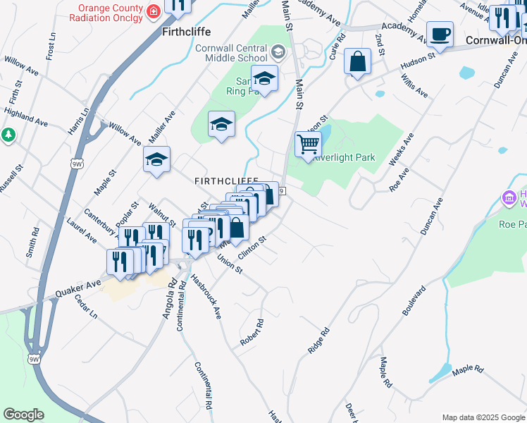 map of restaurants, bars, coffee shops, grocery stores, and more near 218 Main Street in Cornwall