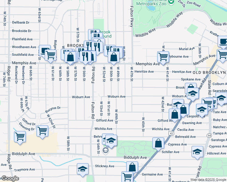 map of restaurants, bars, coffee shops, grocery stores, and more near 4370 West 49th Street in Cleveland