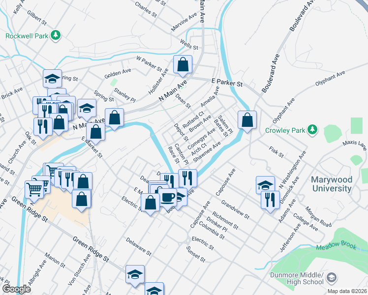 map of restaurants, bars, coffee shops, grocery stores, and more near 2130 Brown Avenue in Scranton
