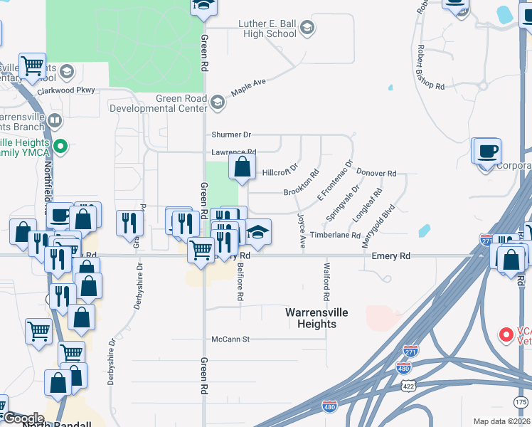 map of restaurants, bars, coffee shops, grocery stores, and more near South Frontenac Drive in Warrensville Heights