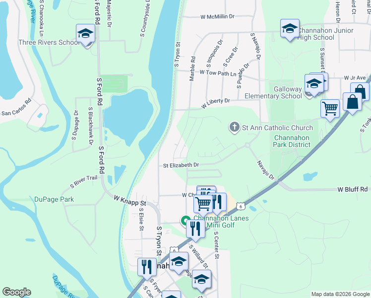 map of restaurants, bars, coffee shops, grocery stores, and more near 24523 Saint Peters Drive in Channahon