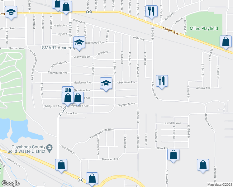 map of restaurants, bars, coffee shops, grocery stores, and more near 4507 East 139th Street in Garfield Heights